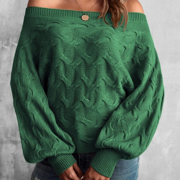 New Off Shoulder Batwing Sleeve Textured Sweater Green - Picture 2 of 7